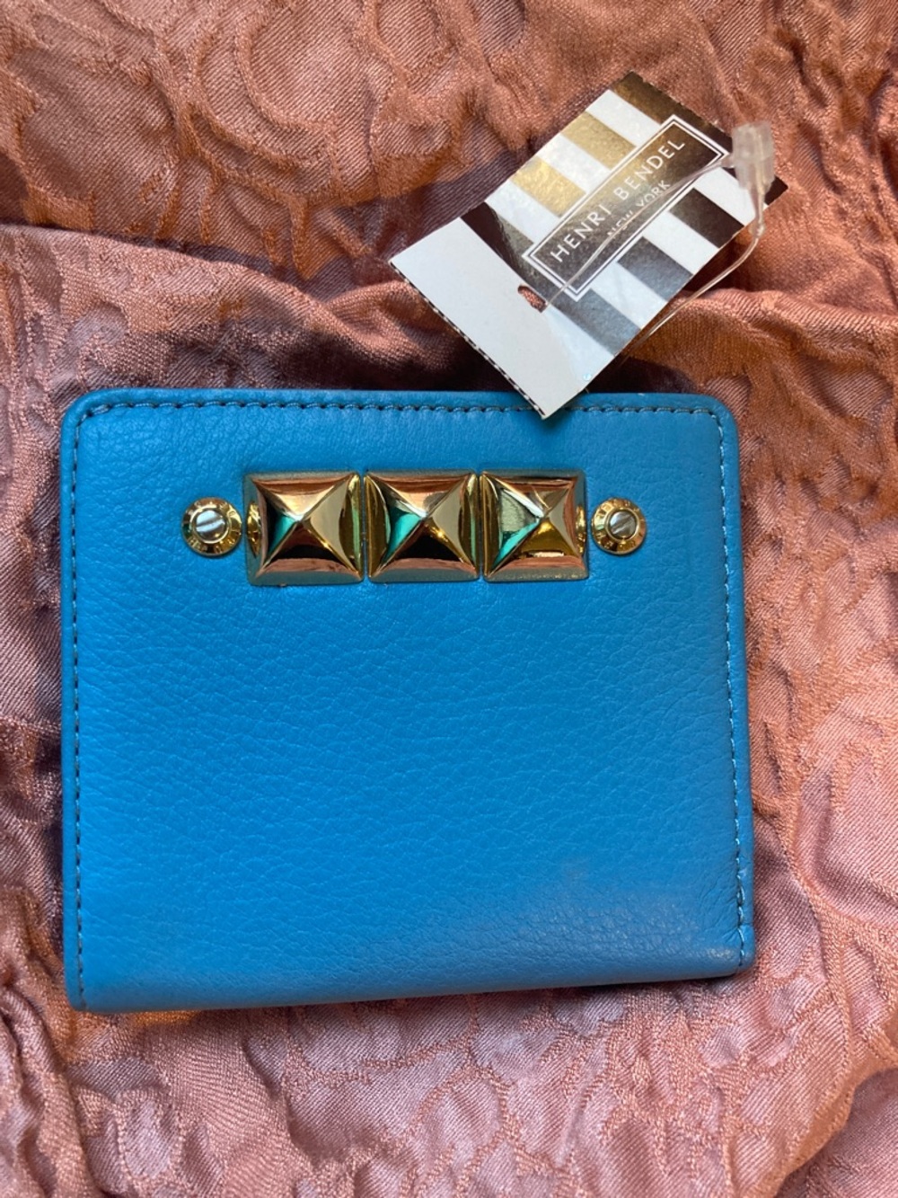 NWOT henri bendel bright blue Leather Wallet with Gold Pyramid Studs